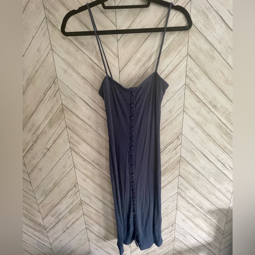 Blue ribbed button down midi spaghetti strap square neck bodycon dress